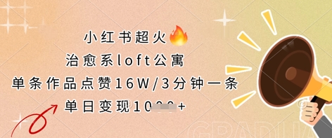 小红书超火的治愈系loft公寓，单条作品点赞16W，3分钟一条，单日变现数张-众缘演示